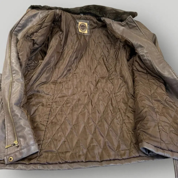 Giacca Vintage Faux Leather Belted Peacoat Jacket Faux Fur Collar Size XL Brown - Picture 12 of 16